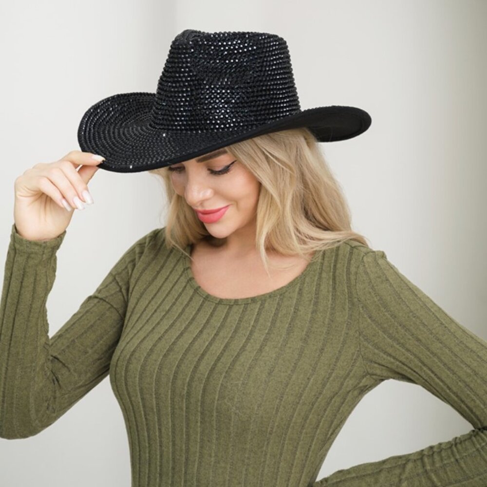 Black Dazzling Bling Cowboy Hat Crystals Rhinestones Women Large Wide Brim NWT